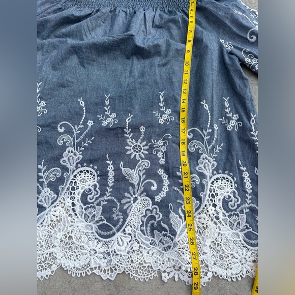 Roaman's  Blue Chambray White Embellished Lace Off Shoulder Top, Size 16W - Picture 7 of 7